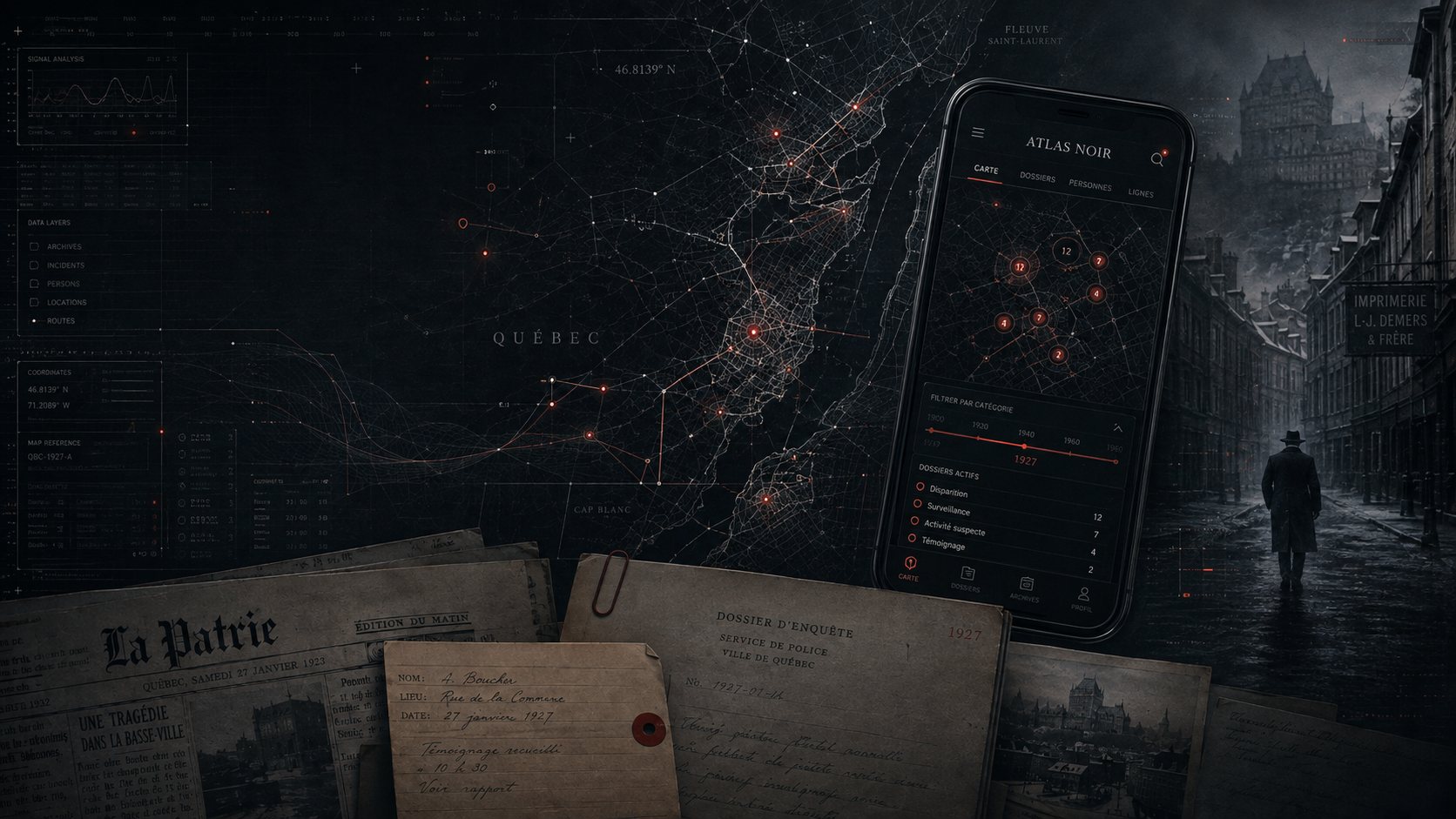 Carte du Québec constellée de points rouges, application Atlas Noir sur un téléphone, journaux et dossier d’enquête d’époque, et une rue du Vieux-Québec sous la pluie